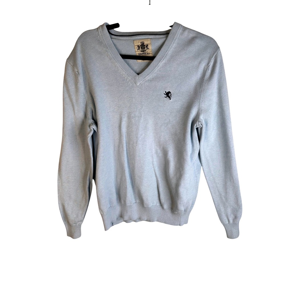 Express Men's Light Blue Lion Logo Preppy Cotton Knit V-Neck Sweater Size Medium